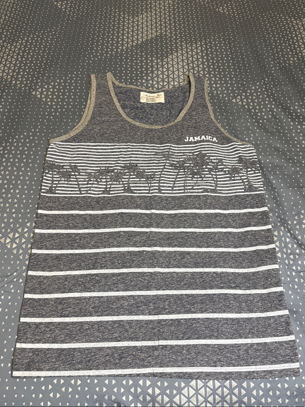 Men’s Large Grey Stripe Tank Top with Palm Tree Print